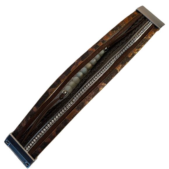 Boho Multicolor Faux Leather Wrap Bracelet Crystal Bead Detail Magnetic Clasp - Picture 4 of 5